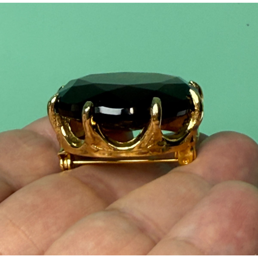 Vintage MCM Oversized Crown Prong Set Smoky Topaz Rootbeer Glass Brooch Earrings - Picture 5 of 7